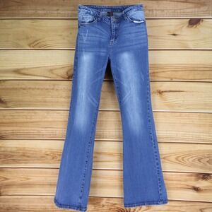 JW Style Jeans Flare Leg Mid Rise Womens 10 Blue Faded Stretch‎ Distressed Denim
